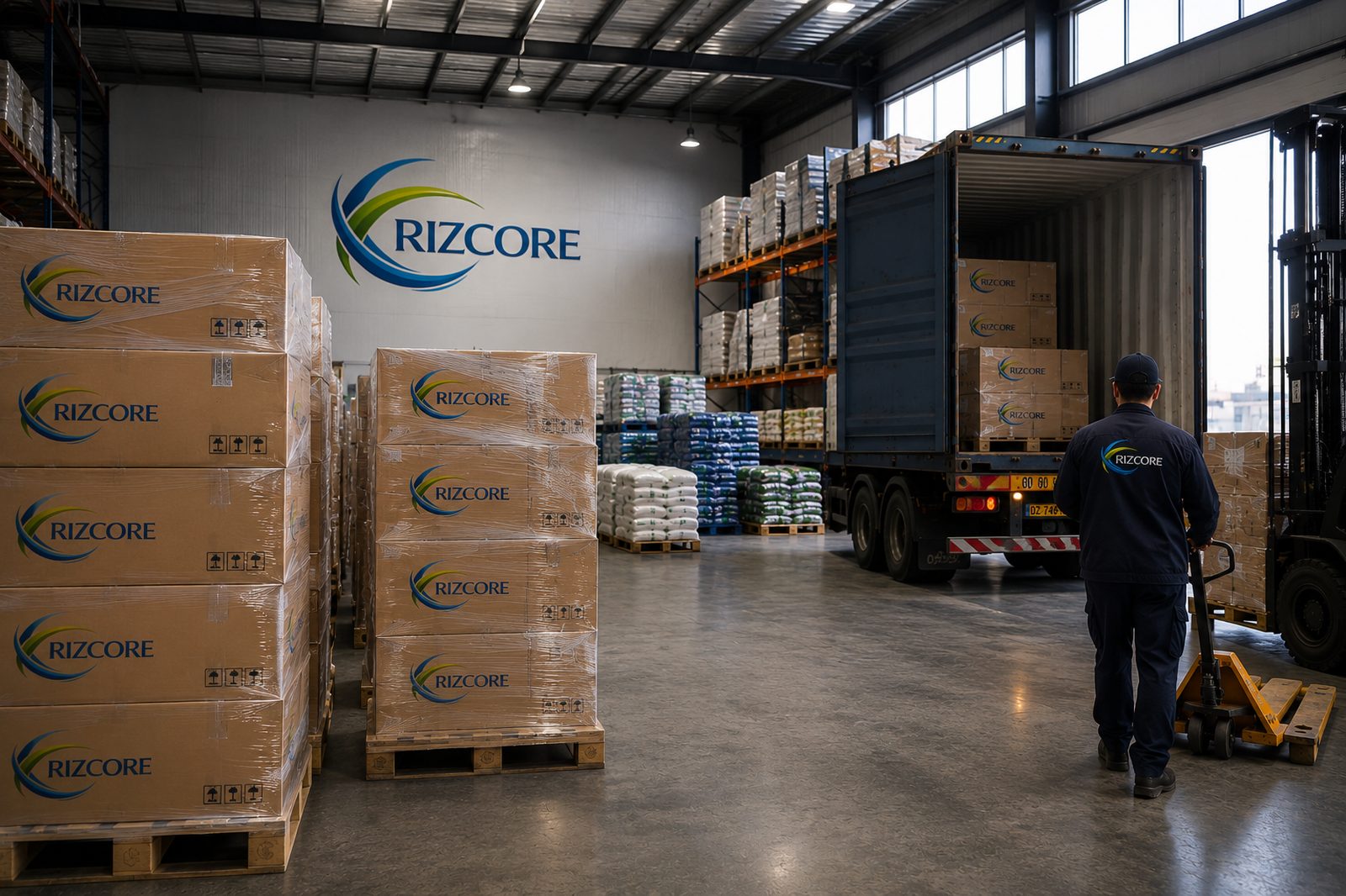 Rizcore corporate warehouse — palletized export goods and container loading in Algiers