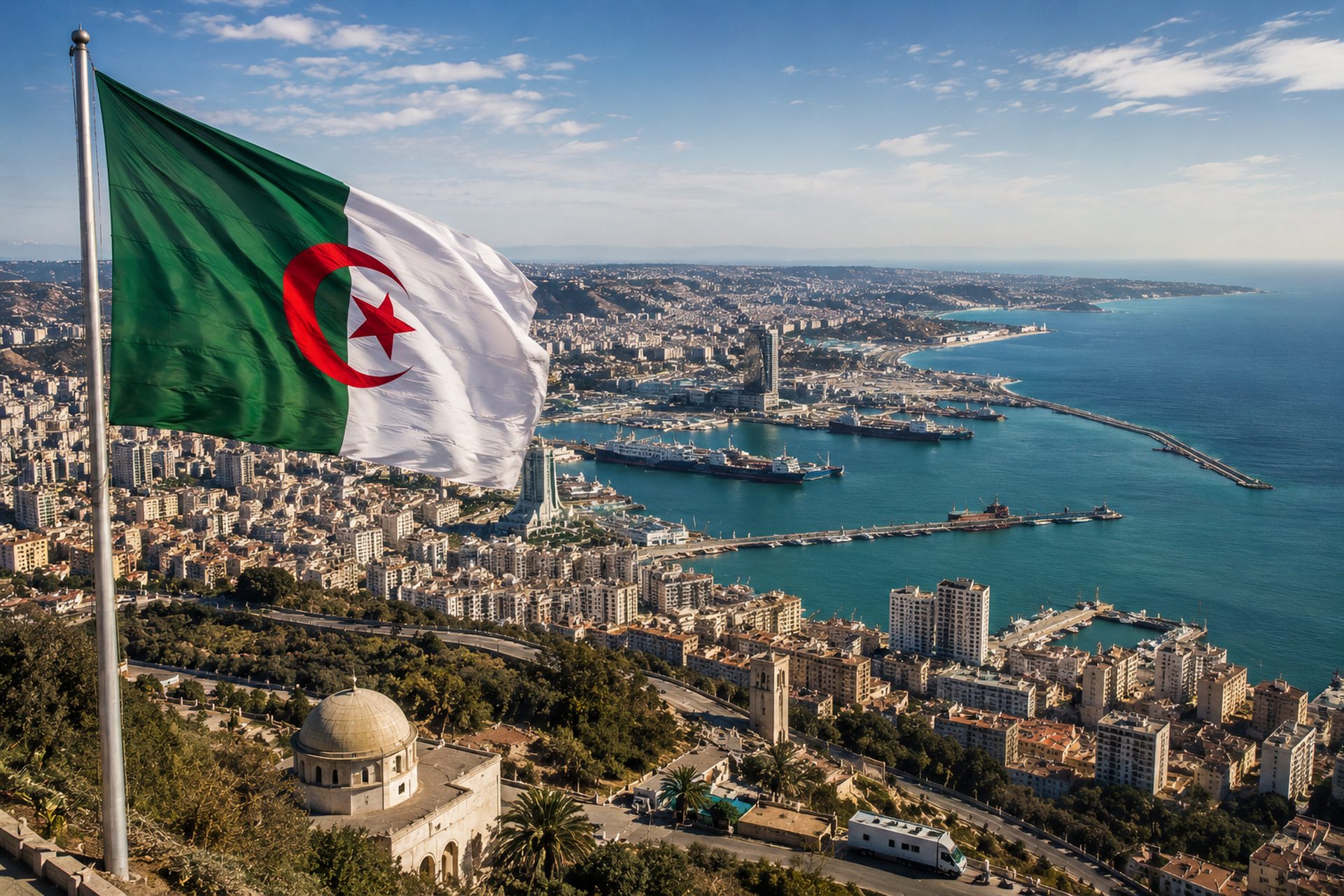 Algerian flag over the Bay of Algiers and its commercial port