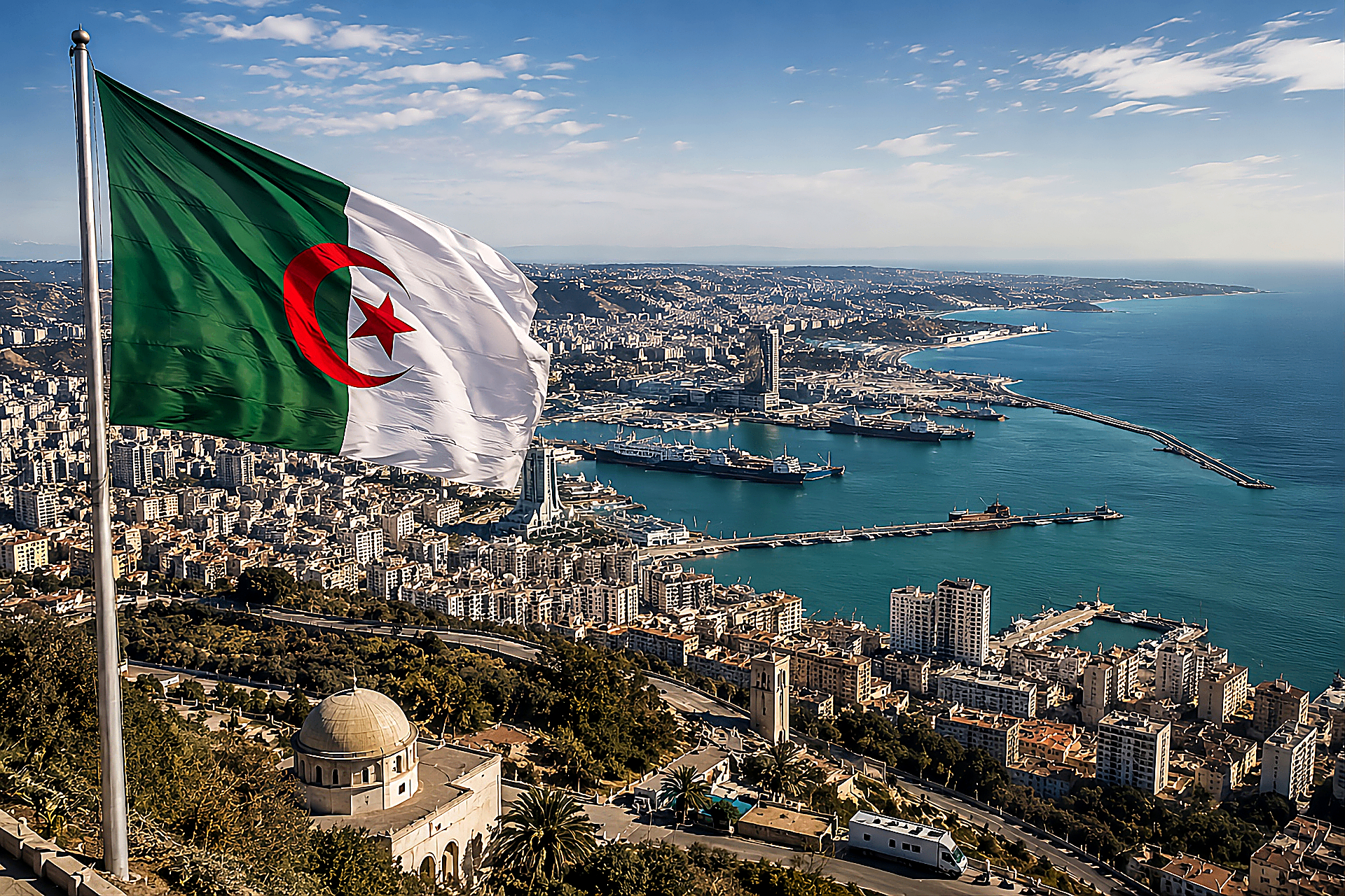Algerian flag over the Bay of Algiers and its commercial port